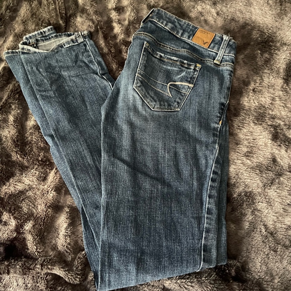 American Eagle Outfitters Blue Skinny Jeans with Distressed Details